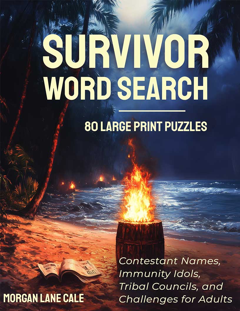 Survivor Word Search large print puzzle book cover — 80 puzzles across contestant names, immunity idols, tribal councils and every season of Survivor