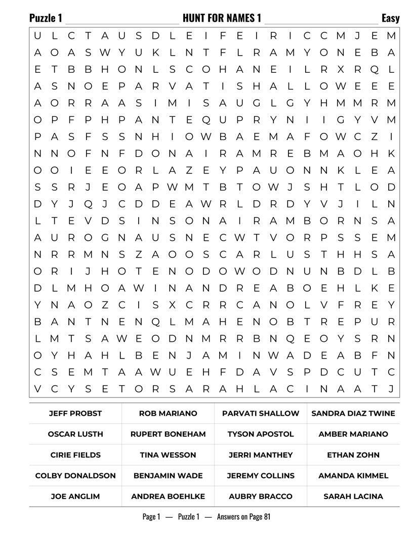 Survivor Word Search interior — contestant names across every season puzzle grid large print
