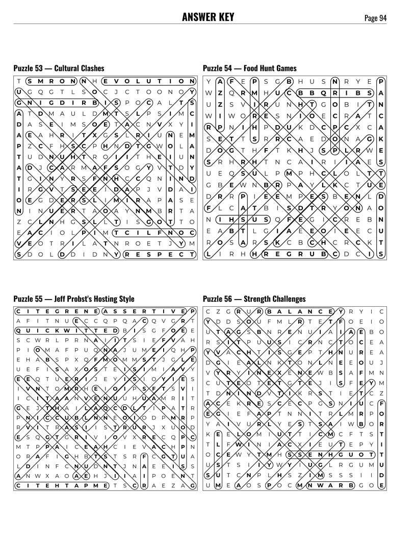 Survivor Word Search answer key — 4 puzzle solutions per answer page