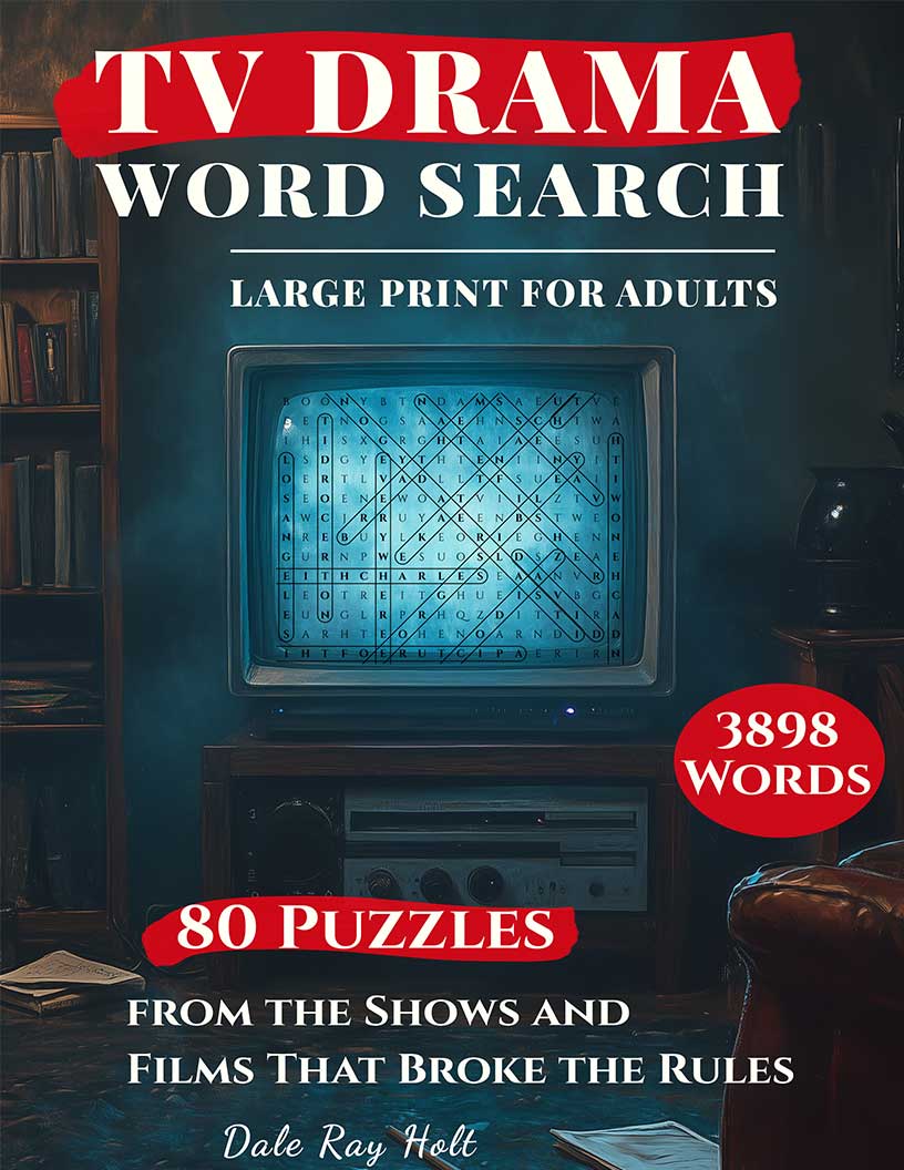 TV Drama Word Search large print puzzle book cover — 80 puzzles across prestige drama characters, plot twists and the shows that broke the rules of television