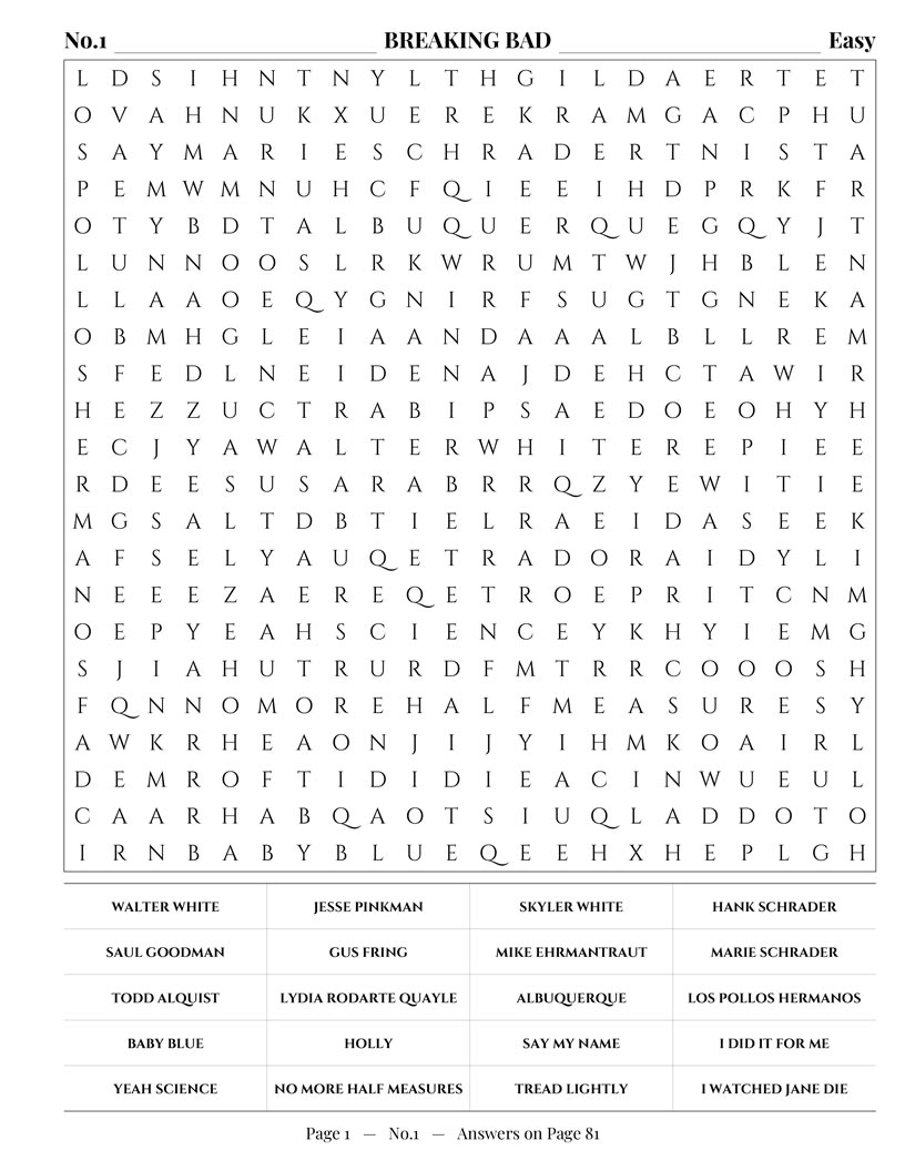 TV Drama Word Search interior — prestige drama characters and anti-hero arcs puzzle grid large print