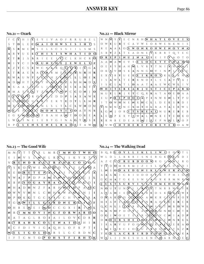 TV Drama Word Search answer key — 4 puzzle solutions per answer page