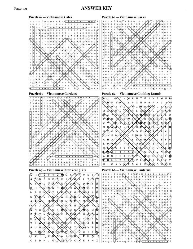 Vietnamese Culture Word Search answer key — 6 puzzle solutions per answer page