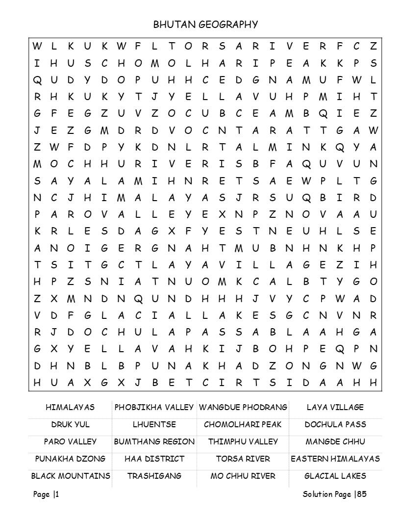 Bhutan word search puzzle grid – Dzongs, kings and Bhutanese cultural vocabulary
