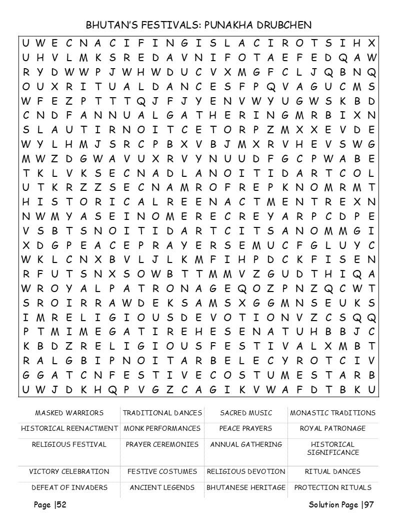 Gross National Happiness and Buddhist traditions word search puzzle page