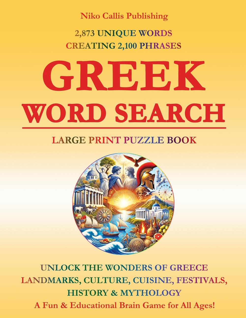 Greek word search puzzle book – large print cover featuring Greek mythology and ancient landmarks