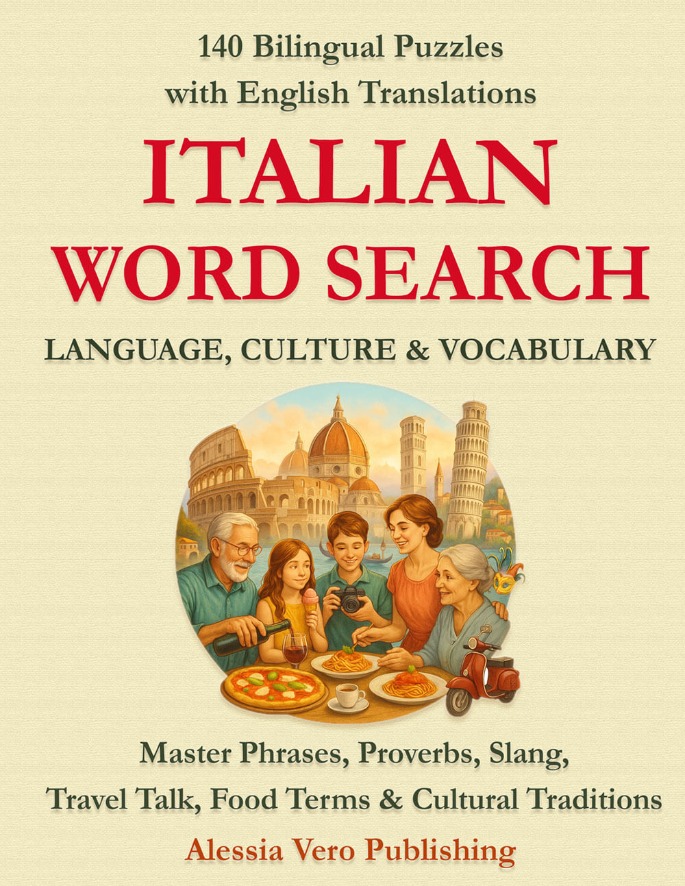 Italian word search puzzle book – large print bilingual cover with Italian and English vocabulary