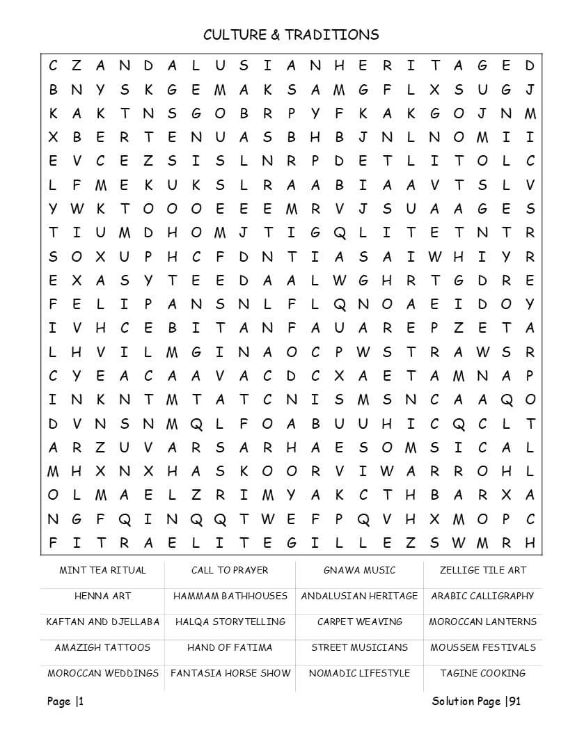 Morocco word search puzzle grid – Moroccan city names and landmark vocabulary