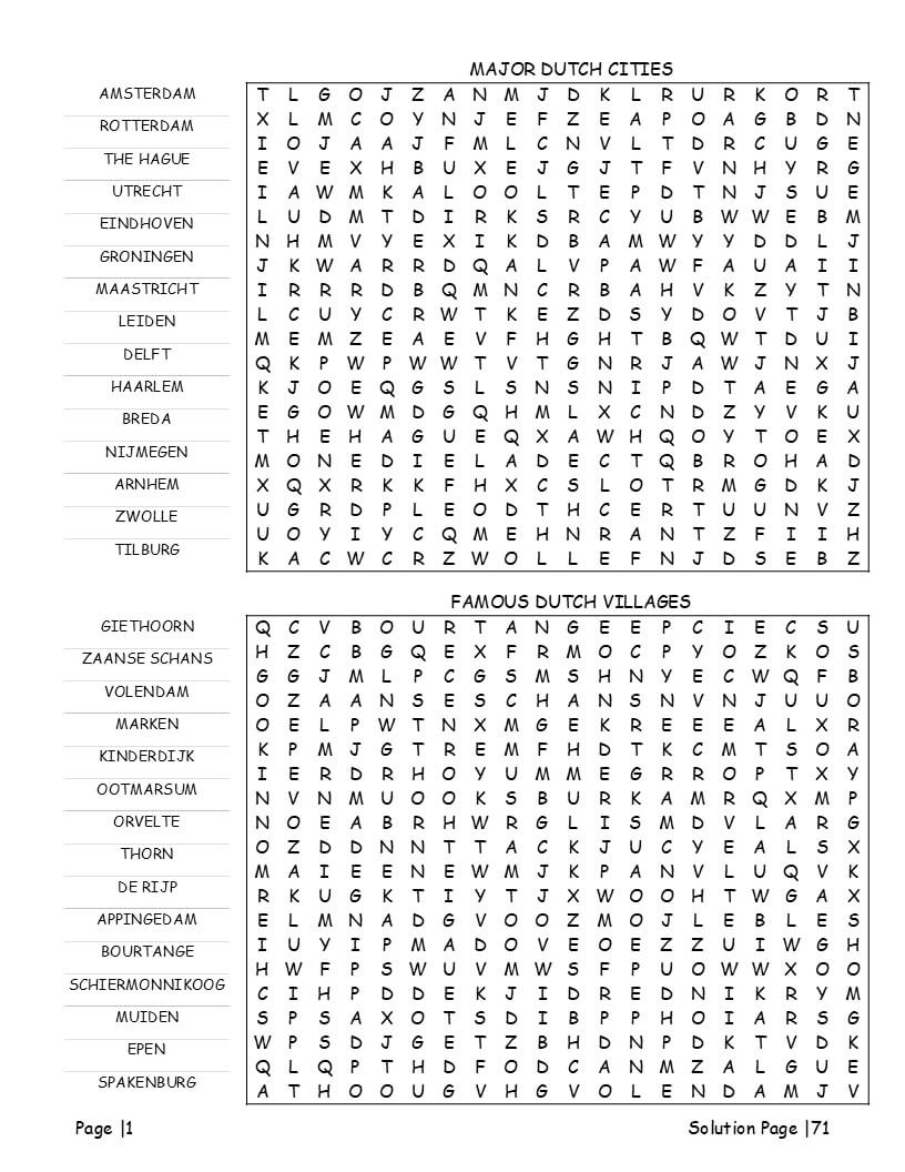 Netherlands word search puzzle grid – Dutch language vocabulary in authentic characters