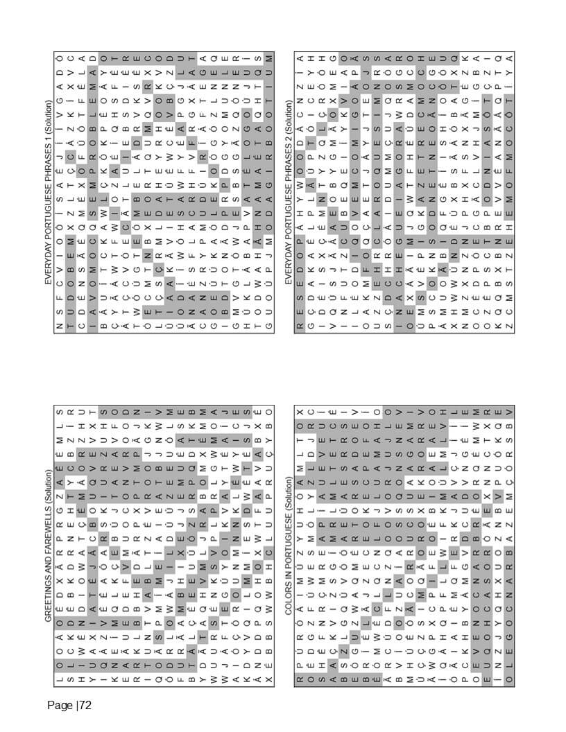 Portuguese word search answer key – compact solution pages for all 140 bilingual puzzles
