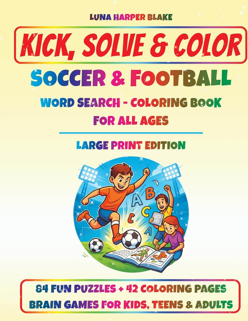 Soccer word search and coloring book – large print football activity book cover for kids and adults