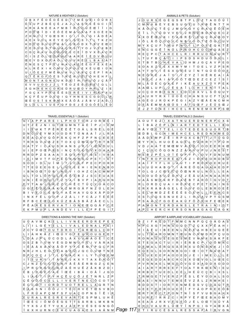 French word search answer key – complete bilingual solution page for all 111 puzzles