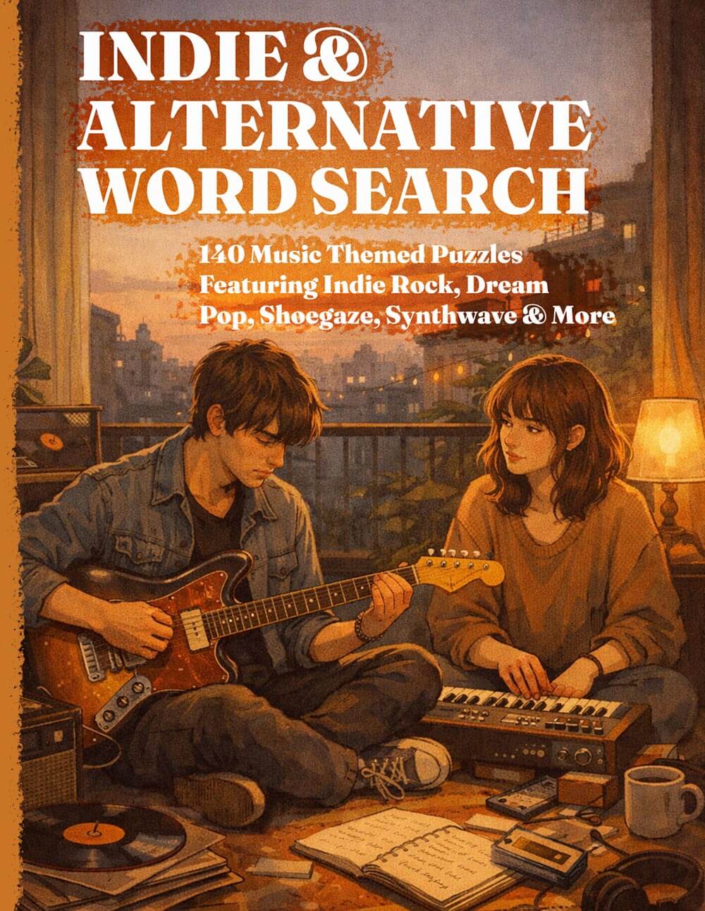 Indie word search puzzle book cover – alternative music themed large print puzzle book for music fans