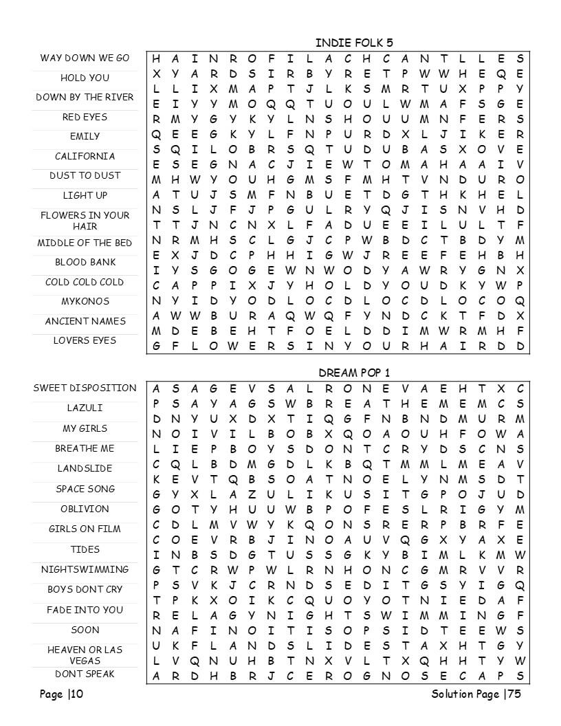 Synthwave and electronic indie word search puzzle page – genre terminology and scene vocabulary