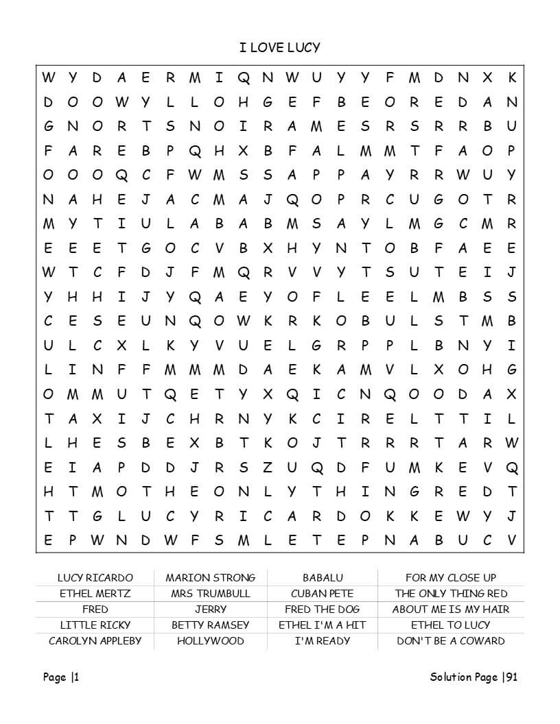 Sitcom word search puzzle grid – large print layout with classic television show vocabulary word list
