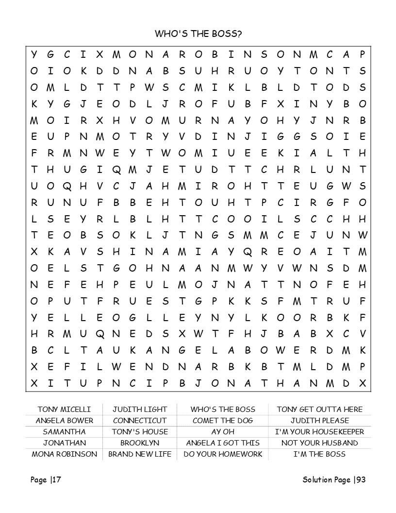 Classic TV sitcom character themed word search puzzle – ensemble cast and recurring roles vocabulary page