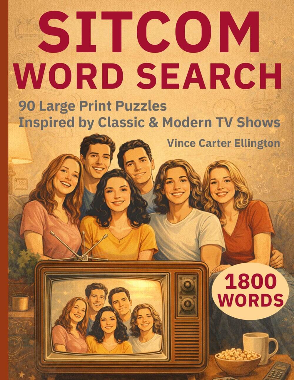 Sitcom word search puzzle book cover – large print television themed puzzle book for classic and modern TV fans