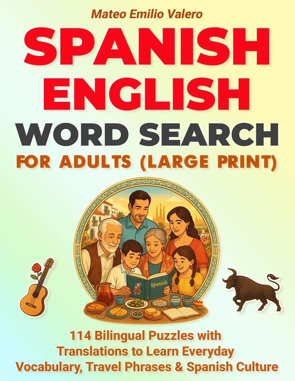 Spanish word search for adults – large print bilingual puzzle book cover with English and Spanish vocabulary