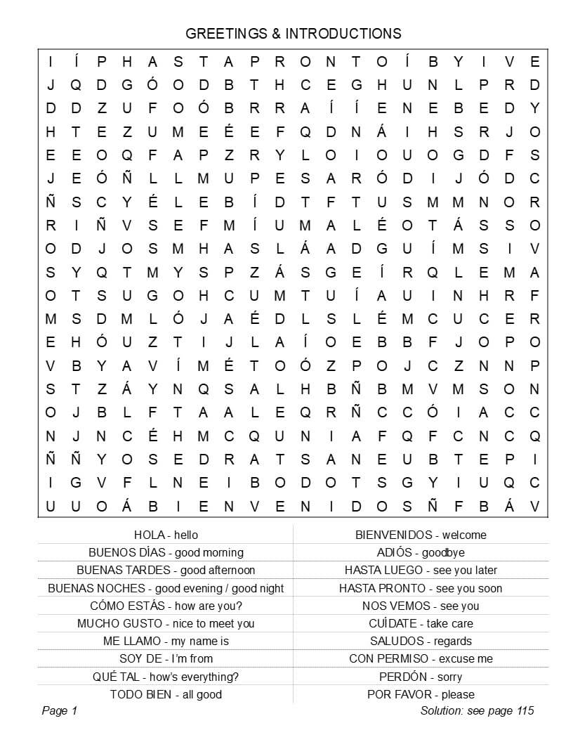 Spanish word search bilingual puzzle grid – large print layout with English translation word list