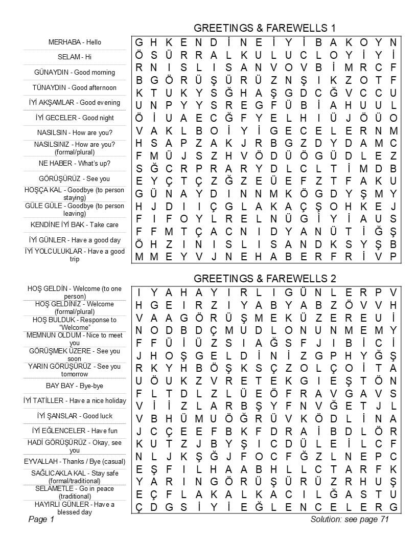 Turkish word search puzzle grid with 30 words per page – bilingual English-Turkish vocabulary layout