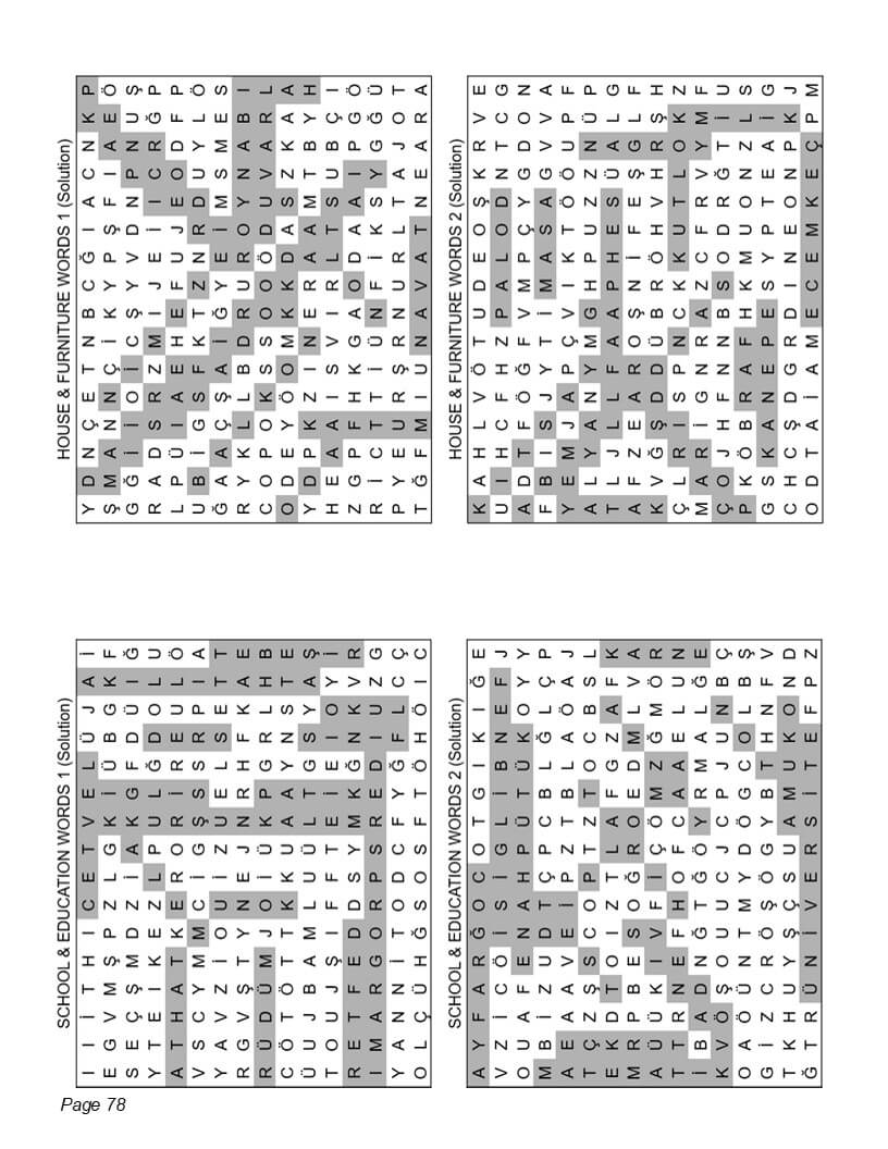Turkish word search answer key page – compact solution layout for all 140 bilingual puzzles