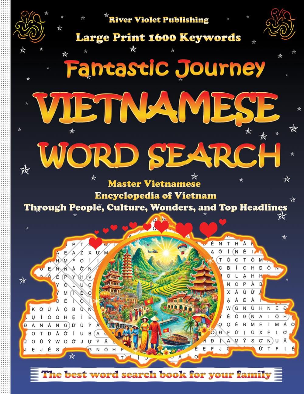 Vietnamese word search puzzle book – large print cover featuring Vietnam landmarks, food and cultural vocabulary