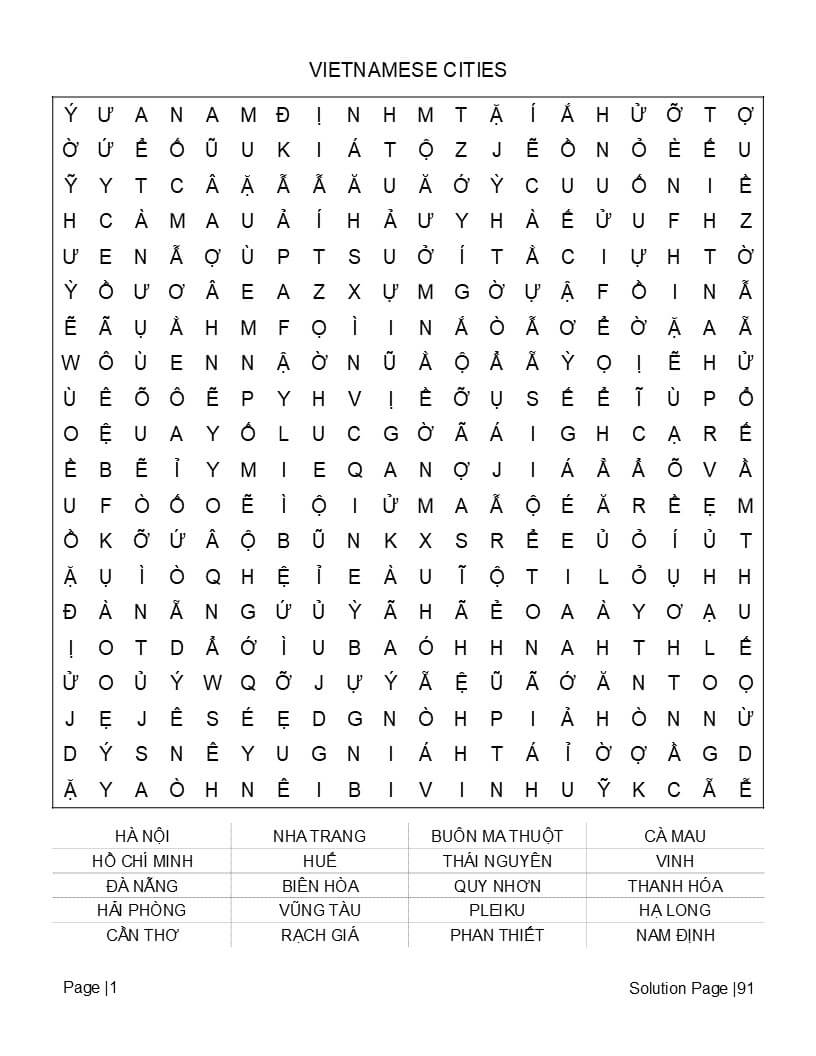 Vietnamese word search large print puzzle grid – easy difficulty level with Vietnam landmark vocabulary