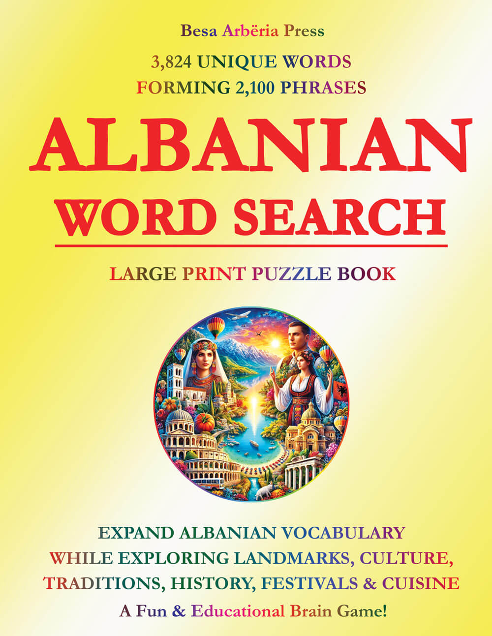 Albanian Word Search Book cover with 3,824 words for language and culture seekers