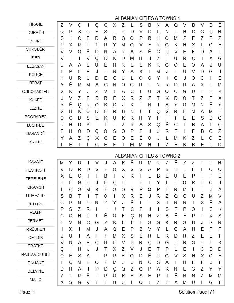 Albanian word search interior preview for language learning