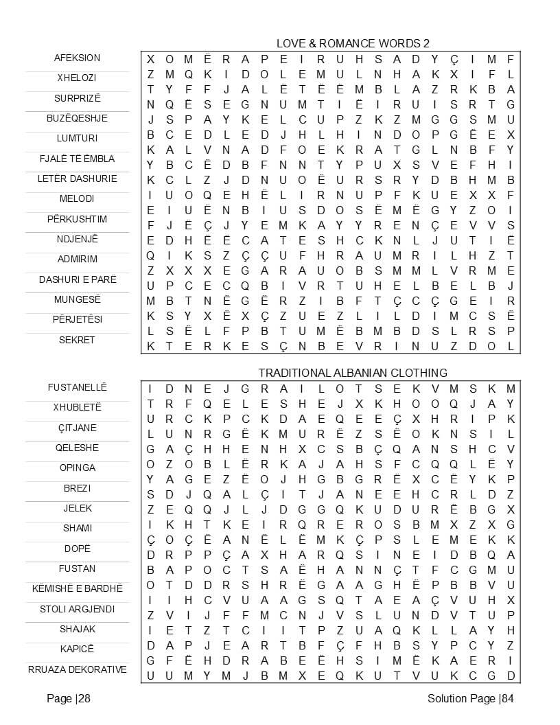 Daily Albanian phrases and travel expression puzzle grids