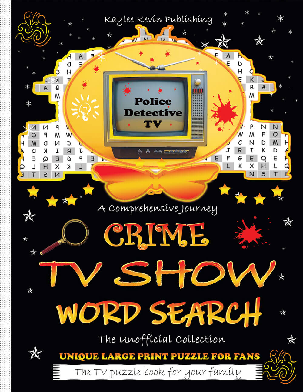 Crime TV Show Word Search puzzle book cover with 3,800+ words for detective and mystery fans