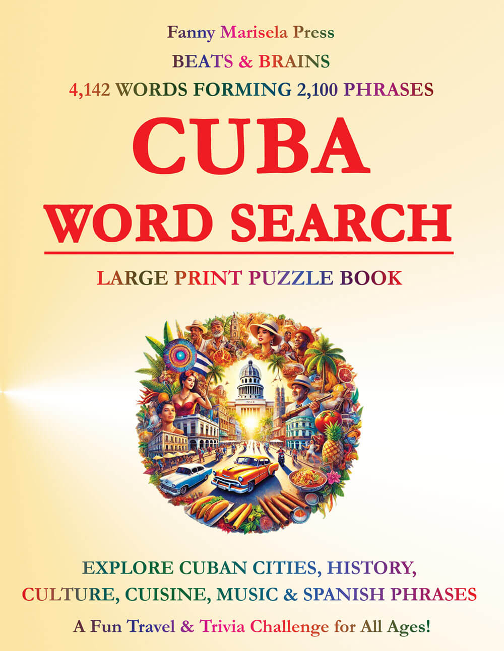 Cuba Word Search Book cover featuring 4,142 words for travel and Spanish learners