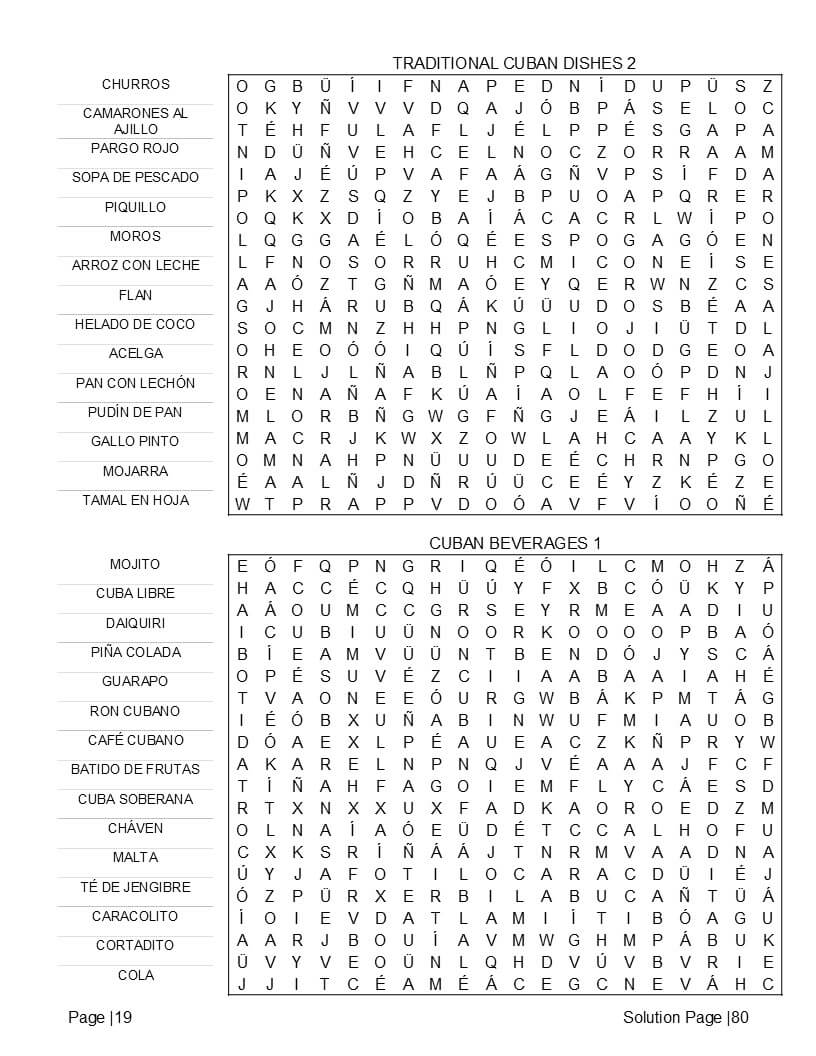 Spanish phrases and Cuban cuisine word find puzzle grids