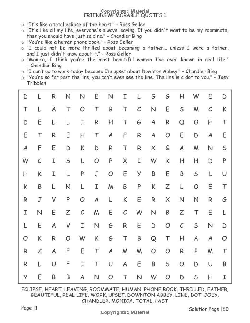 Friends TV show quotes and word find combo activity pages