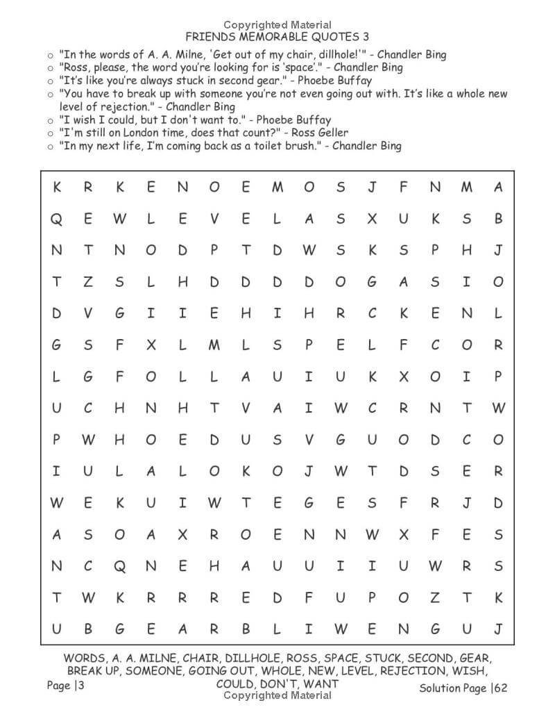 Memorable Friends quotes word search with 15x15 grid