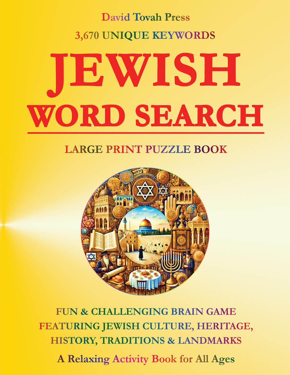 Jewish Word Search Book cover with 3,670 words celebrating culture heritage and holidays