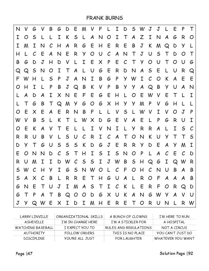 Hawkeye and Radar character word find grids for 4077th fans