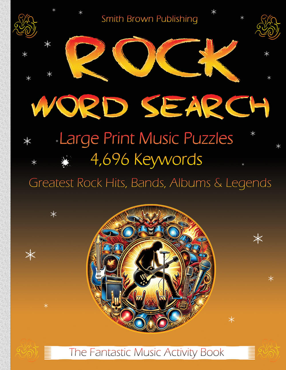Rock Music Word Search Book cover featuring 4,696 words across all rock genres