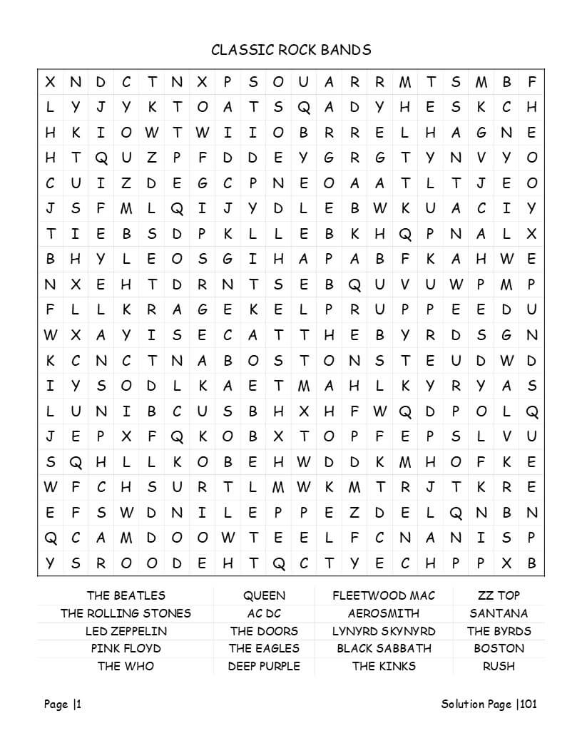 Rock word search interior with 5 difficulty levels for music fans