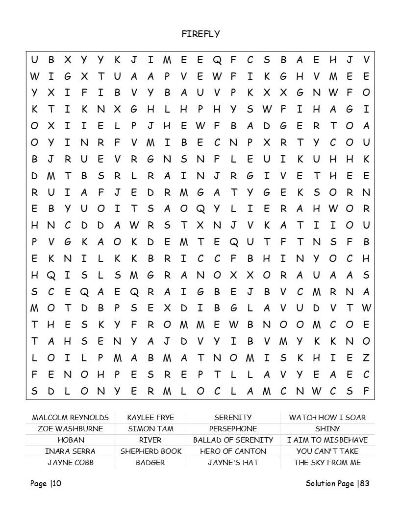 Legendary sci-fi characters and gadget word find grids