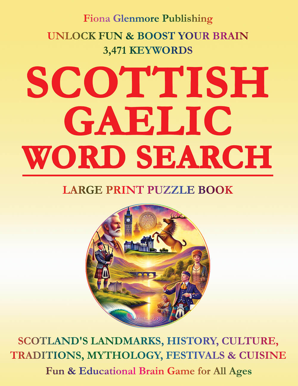 Scottish Gaelic Word Search Book cover with 3,471 Highland heritage words