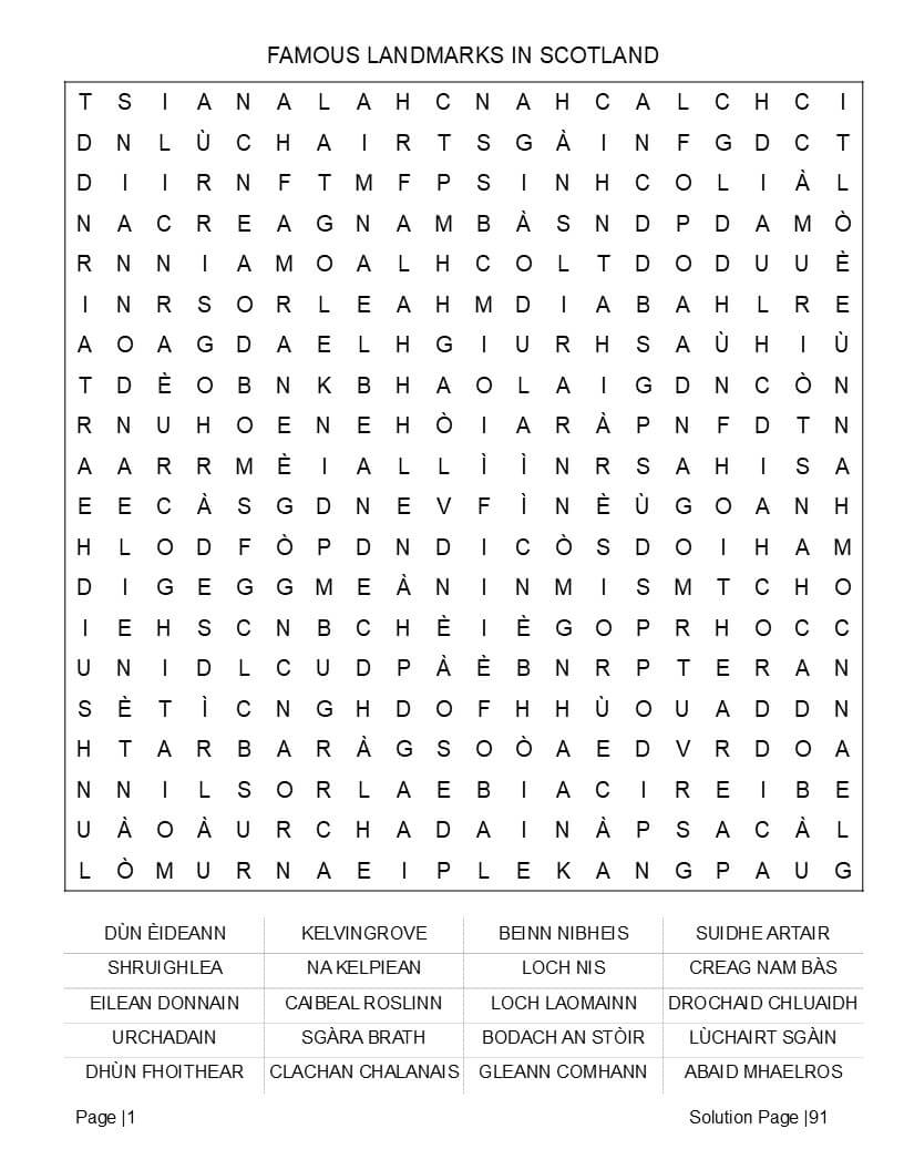 Scottish Gaelic word search interior with balanced Gaelic grids