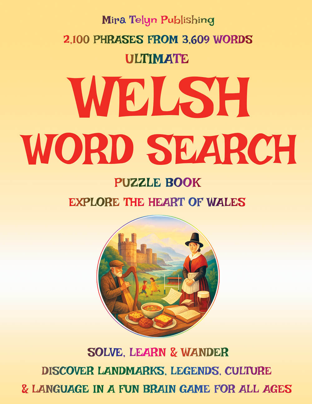 Welsh Word Search Book cover with 3,609 words featuring real accented characters