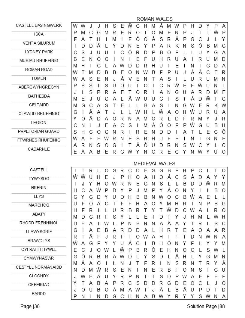 Welsh language vocabulary and phrase word find grids