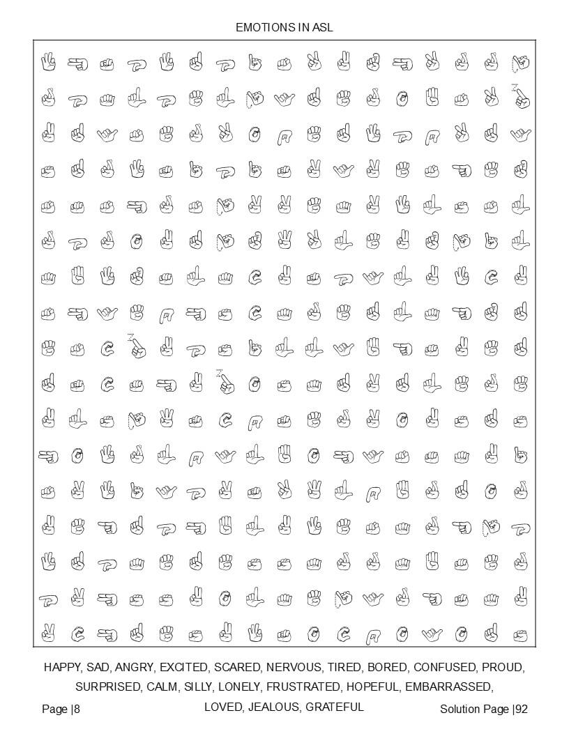 Inside page of ASL Word Search Printable — sample large print grid