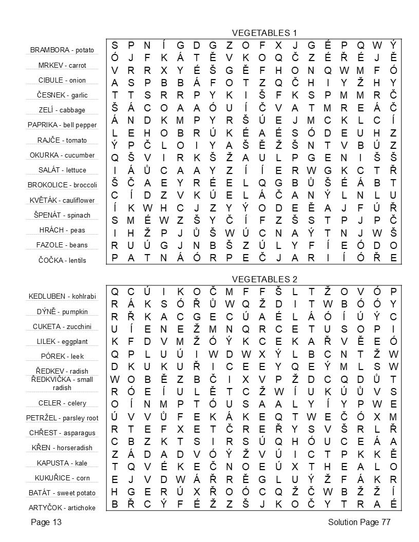 Czech vocabulary and Prague culture word search activity pages – food markets festivals interior