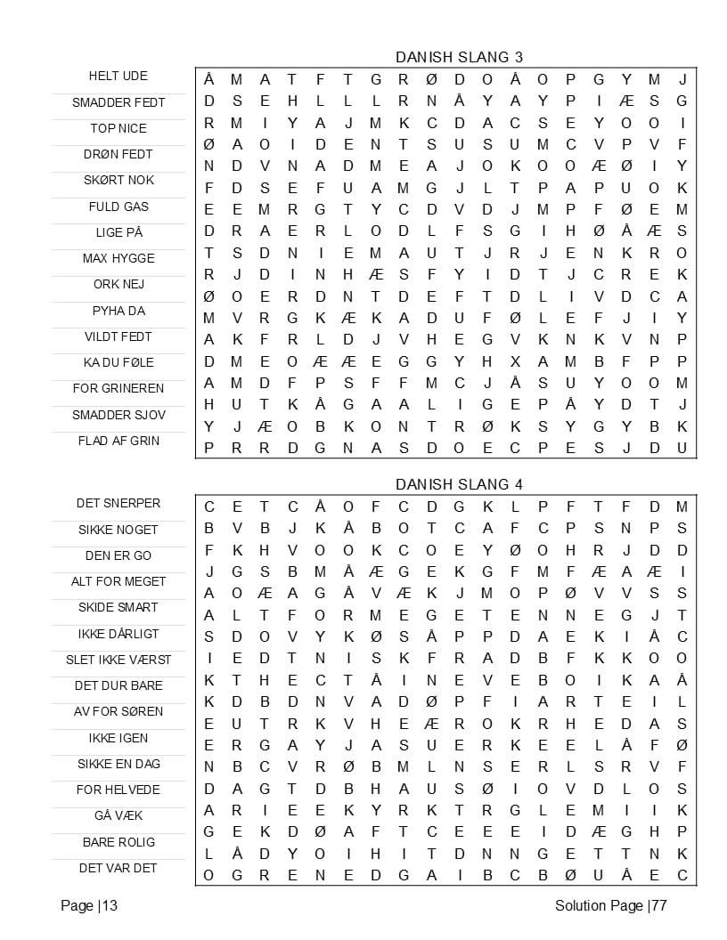 Inside page of Danish Word Search Printable — sample large print grid