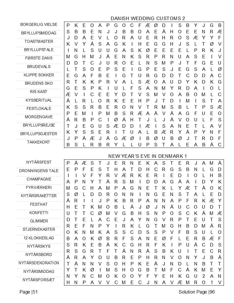 Danish language phrases and traditions word find pages – smørrebrød idioms customs interior