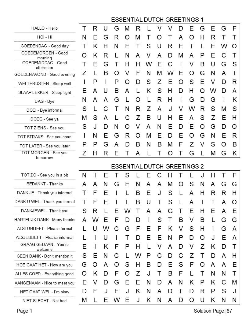 Dutch word search interior – bilingual 2 puzzles per page large print English translation word lists layout