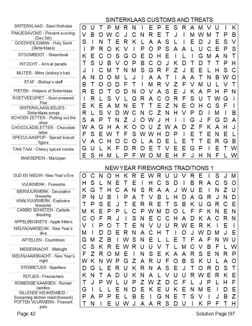 Dutch language cultural trivia word find pages – food daily life Amsterdam Netherlands interior